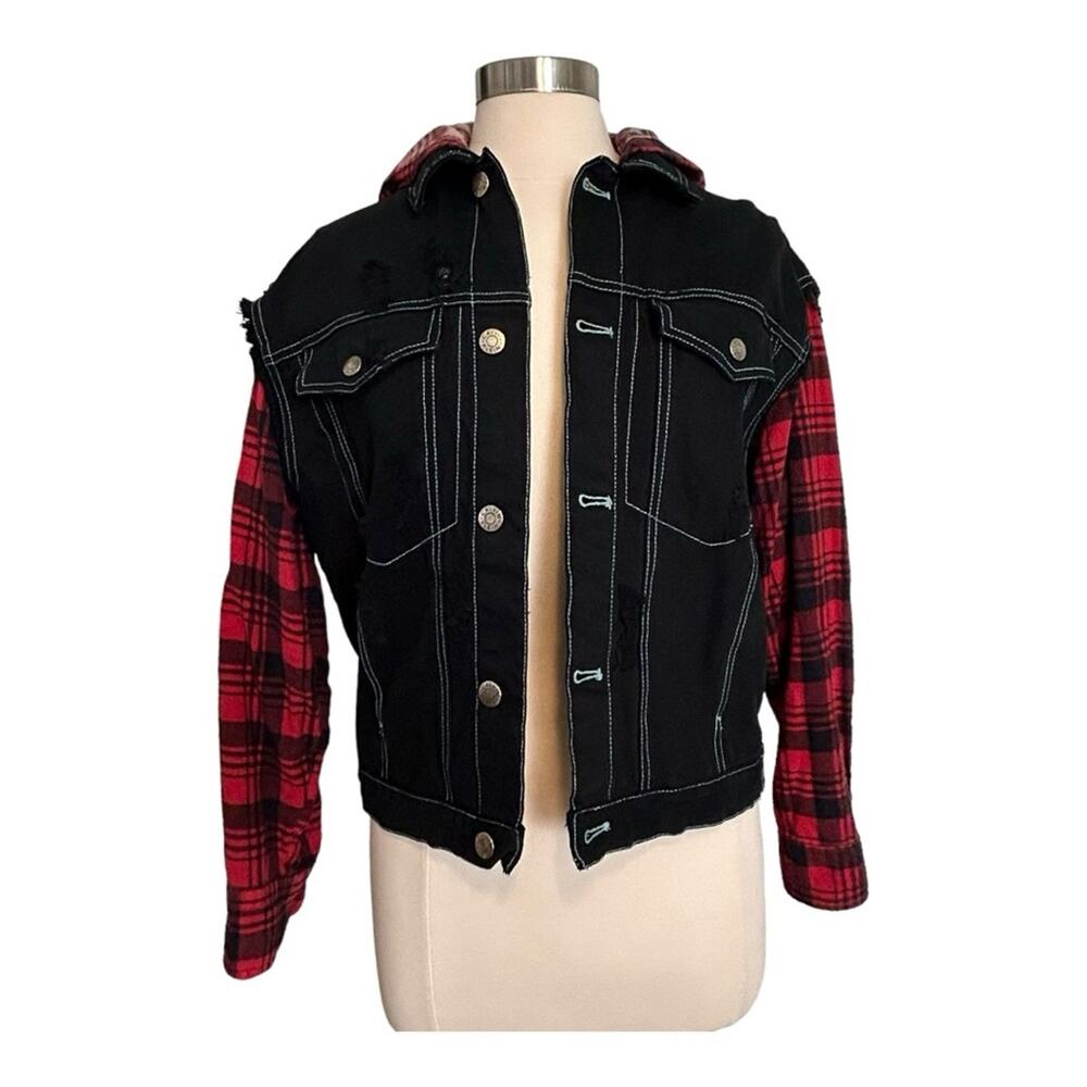 Furst Of A Kind LF Upcycled Calvin Klein Denim Jacket Flannel Sleeves Hood